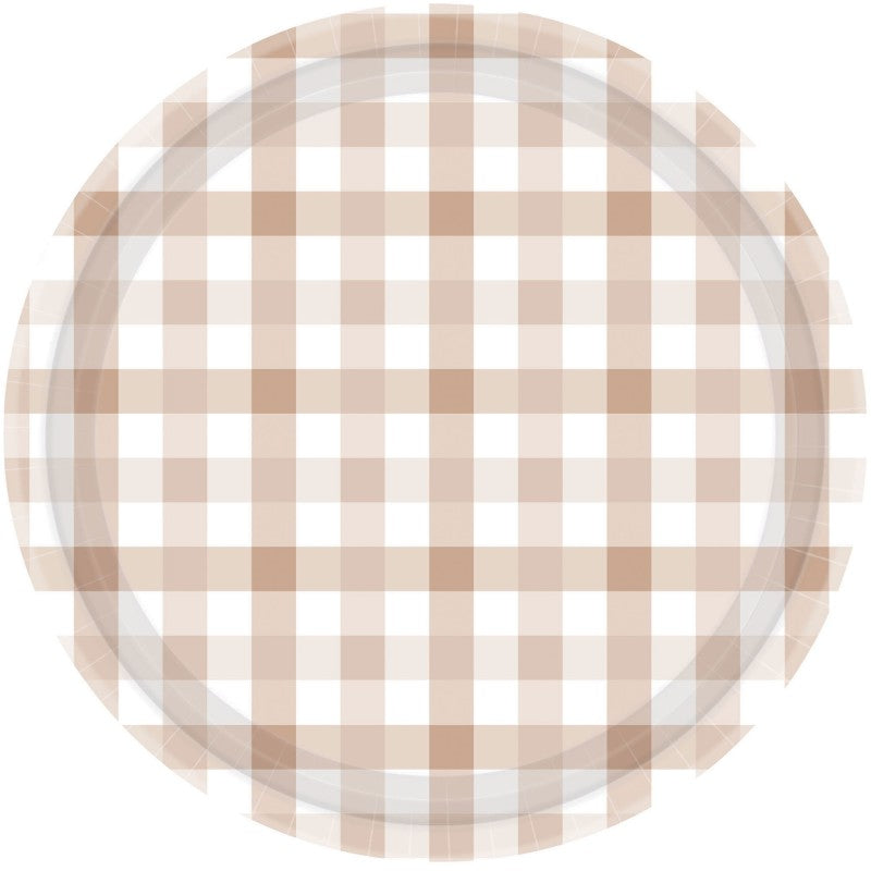 Gingham 8pk 23CM Paper Plate White Sand